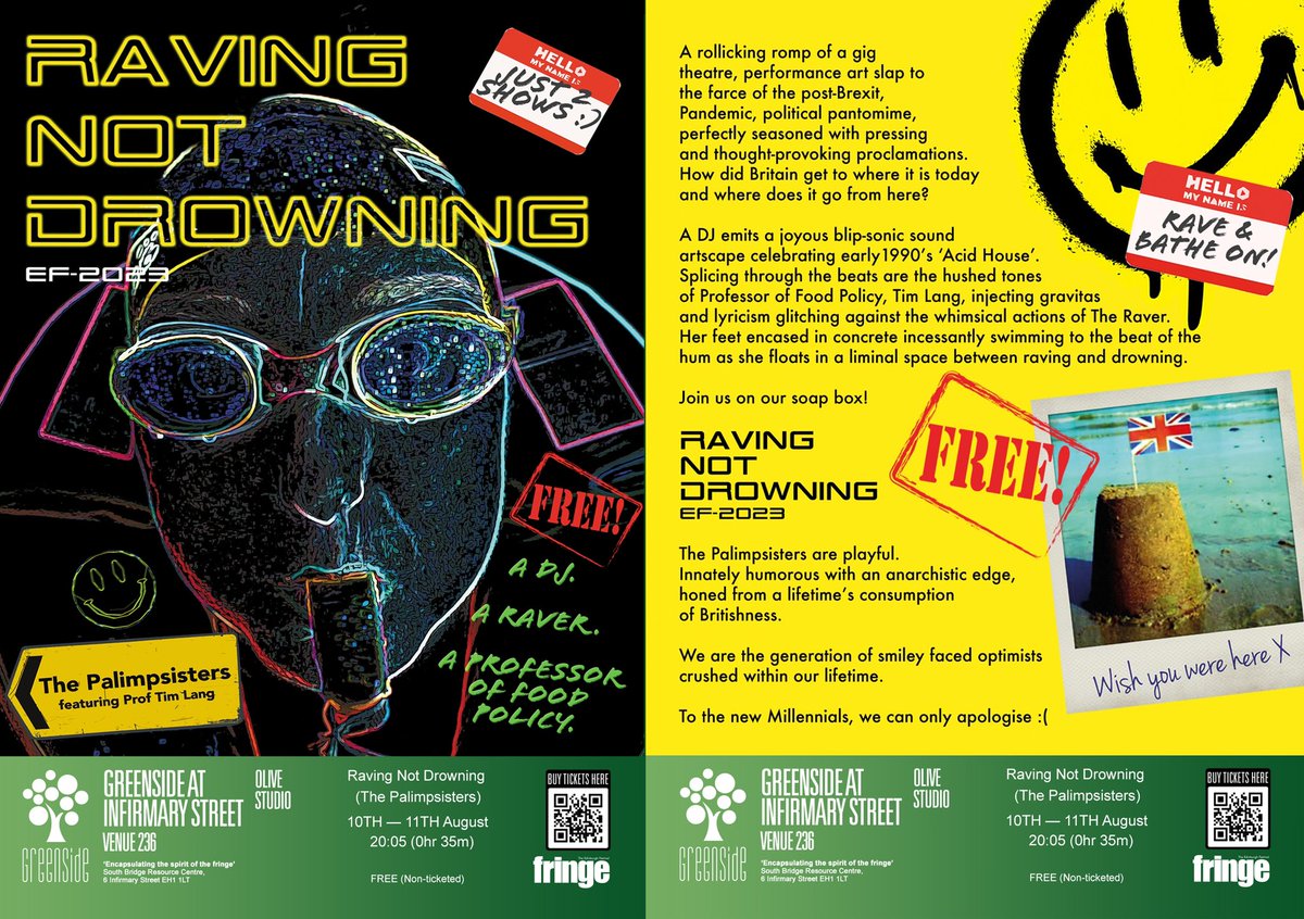 The Palimpsisters (@femontheverge) on Twitter photo #EdFringe2023 #FillYerBoots FREE SHOW!
Only 2 nights
Only 35 mins
20:05 tonight
A rollicking romp of uplifting raving fun interspersed with <a href="/ProfTimLang/">Professor Tim Lang</a>’s proclamations.
Can Britannia swim the English Channel with her feet encased in concrete?
<a href="/GreensideVenue/">Greenside Venues</a> Infirmary Olive. #EdFringe2023 #FillYerBoots FREE SHOW!
Only 2 nights
Only 35 mins
20:05 tonight
A rollicking romp of uplifting raving fun interspersed with <a href="/ProfTimLang/">Professor Tim Lang</a>’s proclamations.
Can Britannia swim the English Channel with her feet encased in concrete?
<a href="/GreensideVenue/">Greenside Venues</a> Infirmary Olive.