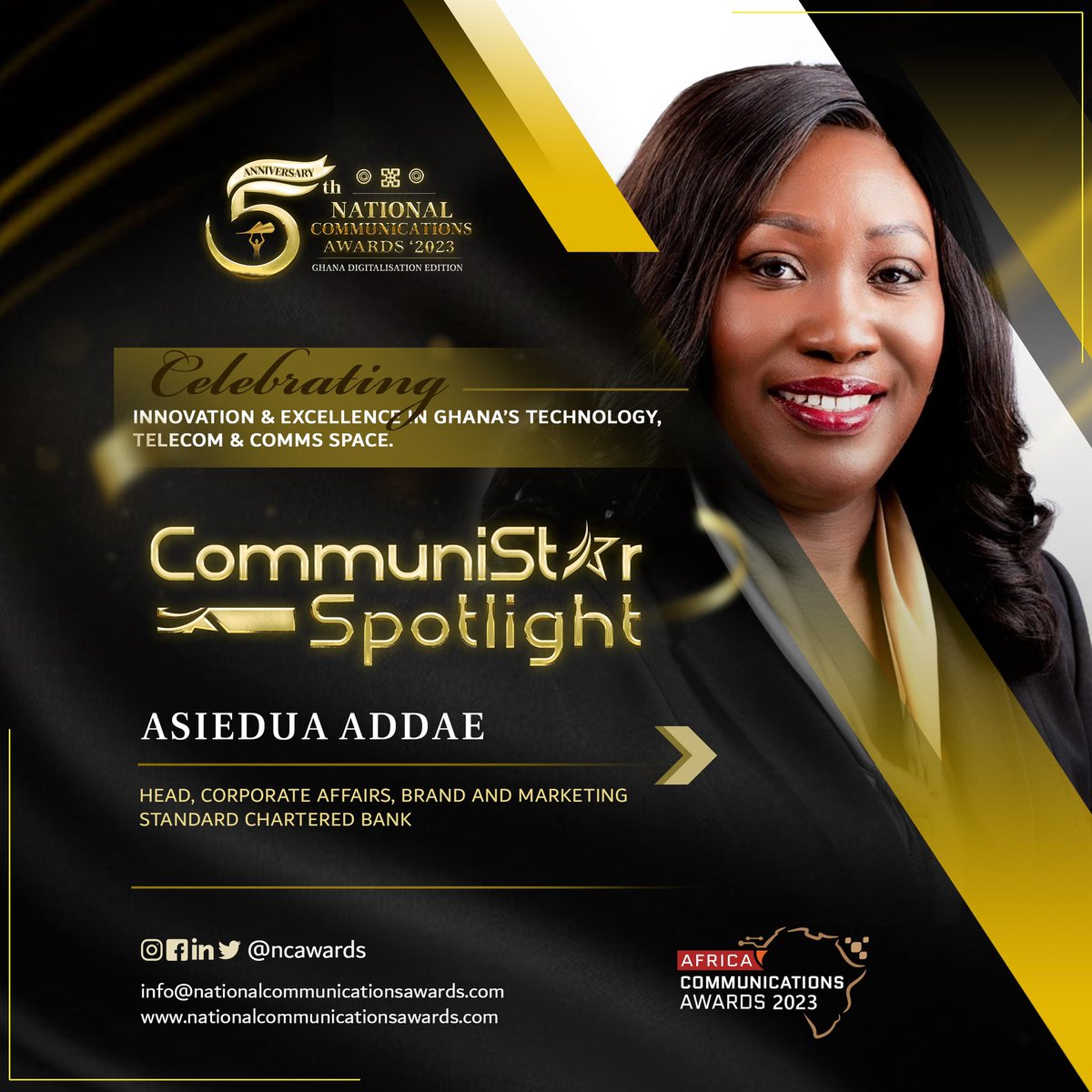 ntcaghana's tweet photo. 🌟 Celebrate Our CommuniStar Spotlight of the Week! 🌟
Meet Asiedua Addae – Head of Corporate Affairs &amp; Brand Marketing at Standard Chartered Bank Ghana. A dedicated leader driving brand excellence, reputation, &amp; innovation. 🚀#CommuniStarSpotlight #Leadership #FinancialSector https://t.co/UTjbrIqwXb