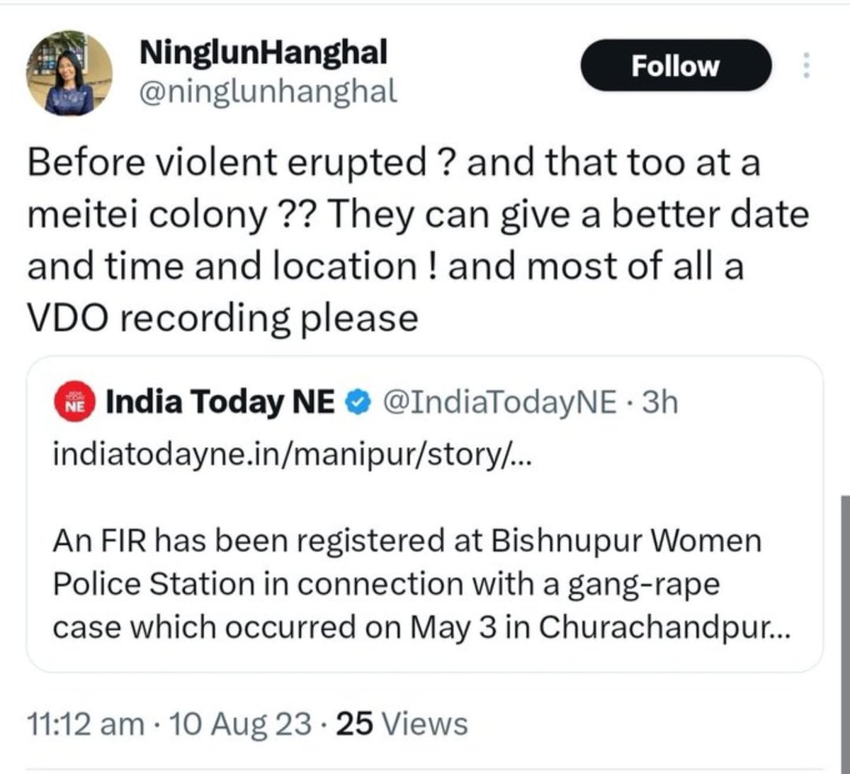 This lady <a href="/ninglunhanghal/">NinglunHanghal</a> is trying hard to make a point that the Violence “DIDN’T” start on the 3rd May. 

They’re trying hard - Very Hard to change every narrative. 

But don’t forget, the Violence in Manipur started on the 3rd May after their solidarity rally, and NOT on the