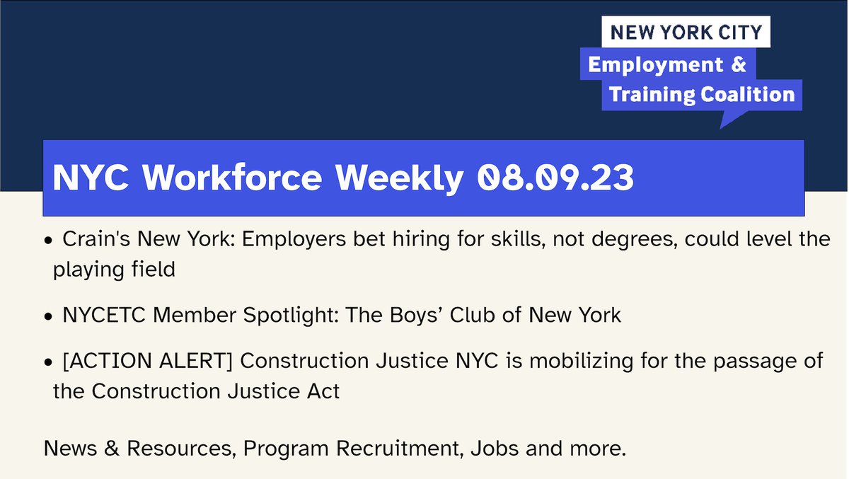 Check out our weekly newsletter for up-to-date info on local #WkDev, funding opportunities, program recruitment, job opportunities w/in the sector & more. Read: mailchi.mp/nycetc.org/nyc…