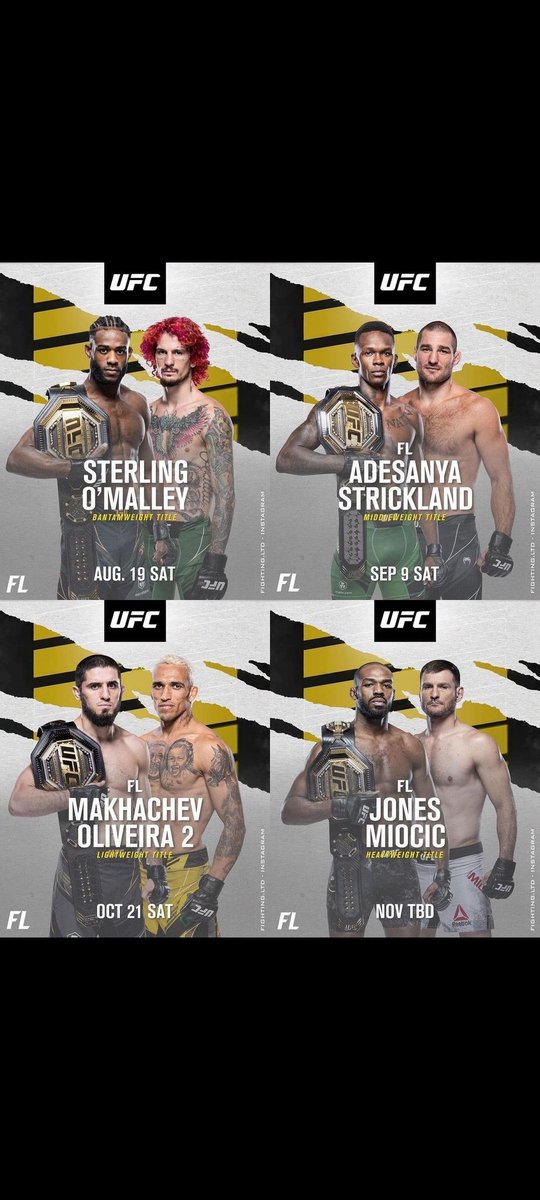 Sterling via grappling masterclass, Izzy via rasengan to the solar plexus, Makhachev via the power of friendship, Jones via suicide line to the dome