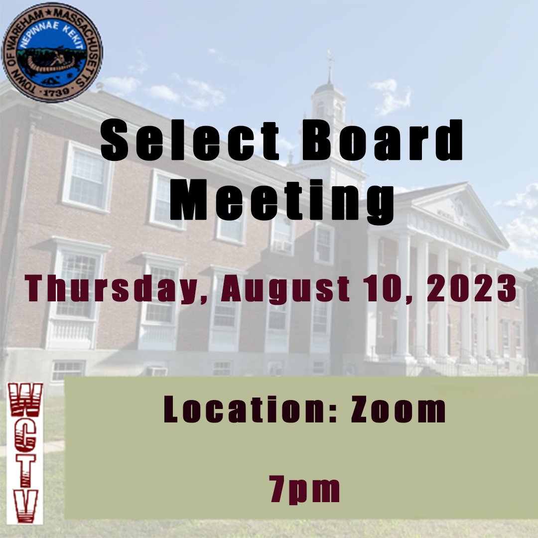 warehammedia's tweet photo. Select Board Meeting Tonight
Zoom: https://t.co/xy9DI9XneC...
Passcode: 962288
#townofwareham #selectboard #selectboardmeeting #warehamma #wctv #publicmeeting https://t.co/7JOPbbvypw