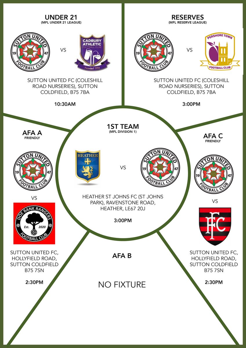 SuttonUtdFC's tweet photo. Senior Team Fixtures - 12/08/23

4 / 5 teams are in action this weekend. Come and support the teams! 🟢⚫️🟢⚫️

@MidlandLeague @BirminghamFL @CadburyAthFC @PTFC88 @DoeBankRangers https://t.co/I5Or9HyGcS