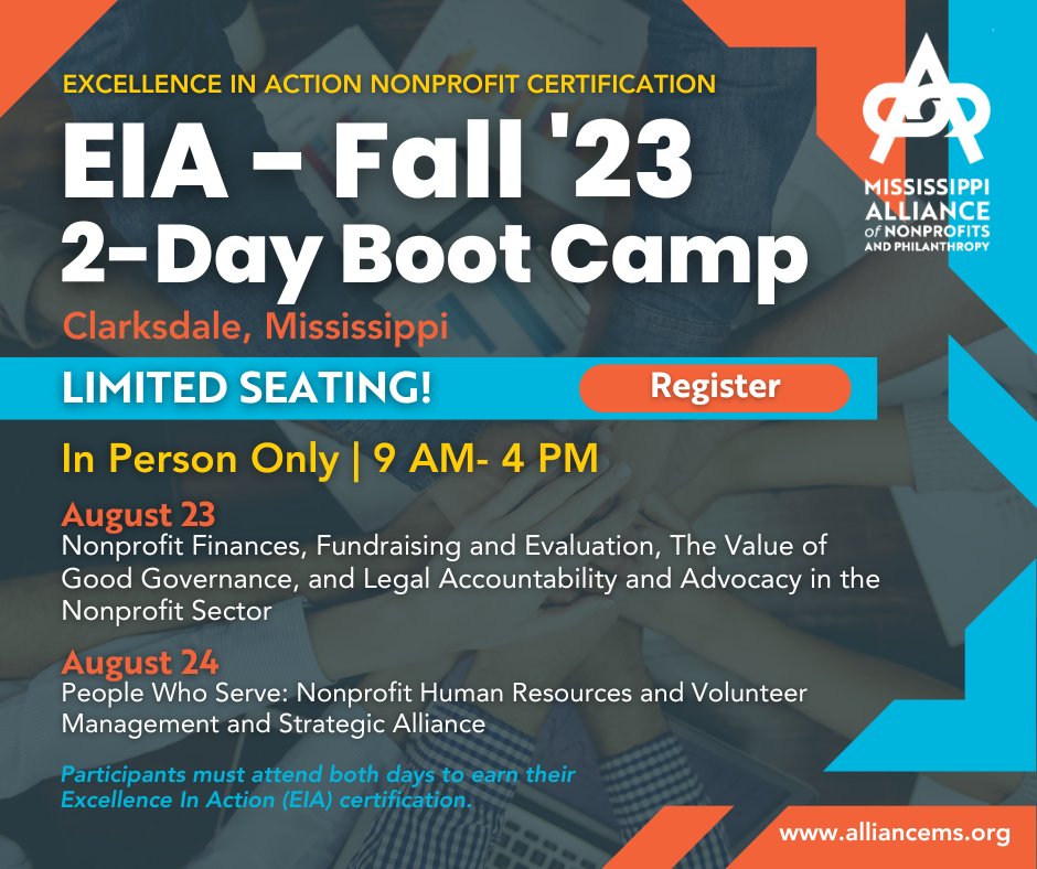 We've added a NEW 2-day boot camp date and location to earn your Excellence in Action (EIA) nonprofit certification in the MS Delta!

This one has LIMITED SEATING so if this opportunity works for you, don't wait to signup!

Register here today! alliancems.org/upcoming-regis…