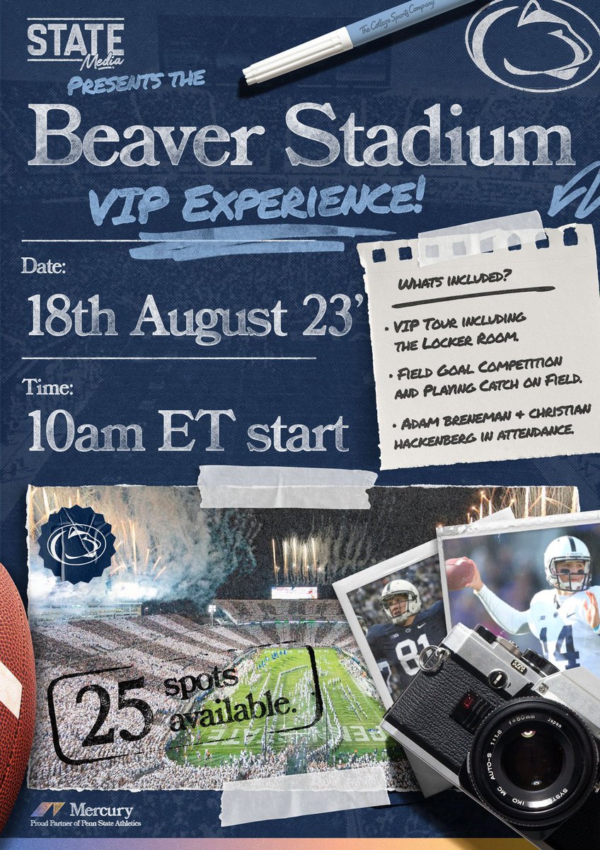 Here’s your chance to have once-in-a-lifetime Penn State football facility and field access 👀

🔵VIP locker room tour, press box, broadcast booth, and luxury suite access
🔵Running out of the tunnel onto the field with your name on the video board &amp; announced over the PA
🔵Catch