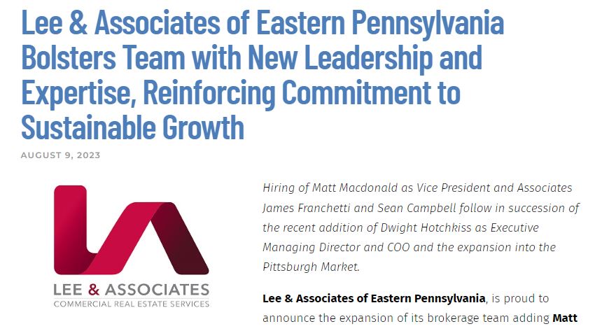 LeeAssociatesPA's tweet image. Lee &amp;amp; Associates of Eastern Pennsylvania Bolsters Team with New Leadership and Expertise, Reinforcing Commitment to Sustainable Growth
tinyurl.com/5h3ywxsr
#LeeAssociates #LeePA #Growth #Expansion #CRE