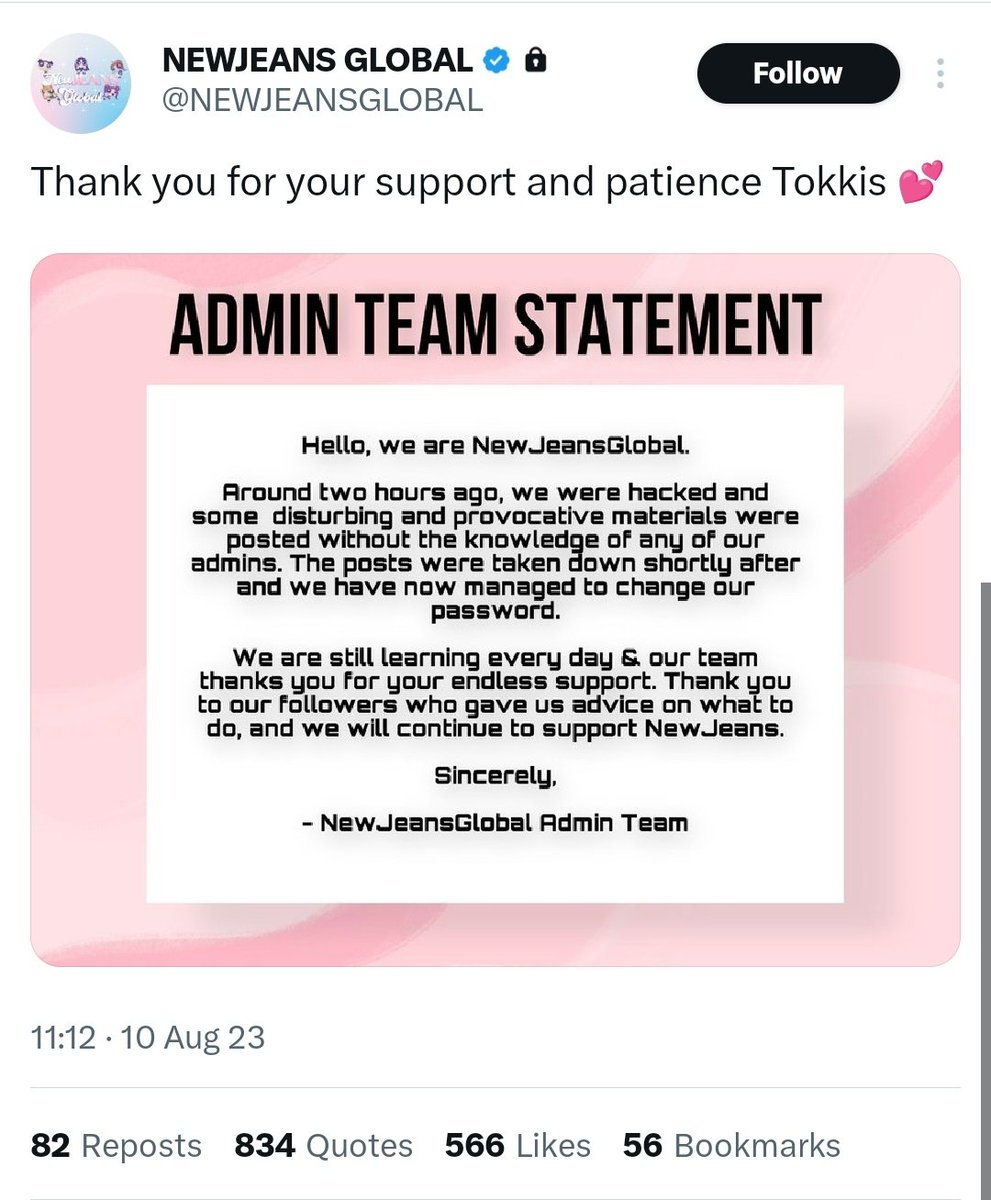 Btsforever1325's tweet photo. "WERE HACKED"

this is the worthless excuses when someone forgot to switch the account.
APOLOGIZE TO LISA @NEWJEANSGLOBAL https://t.co/JOKn8SKXgy