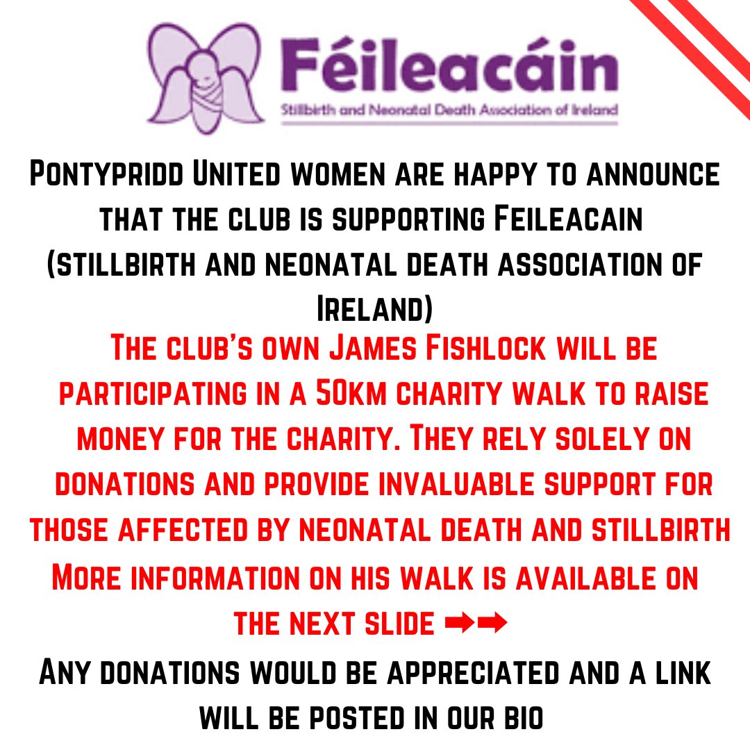 PontyUnitedW's tweet photo. The club is happy to announce that we are supporting Feileacain (stillbirth and neonatal death association of Ireland)

the charity relies only on donations and provides invaluable support to people affected by stillbirth any donations would be appreciated
Link in bio to donate https://t.co/EkB1QiwOdu