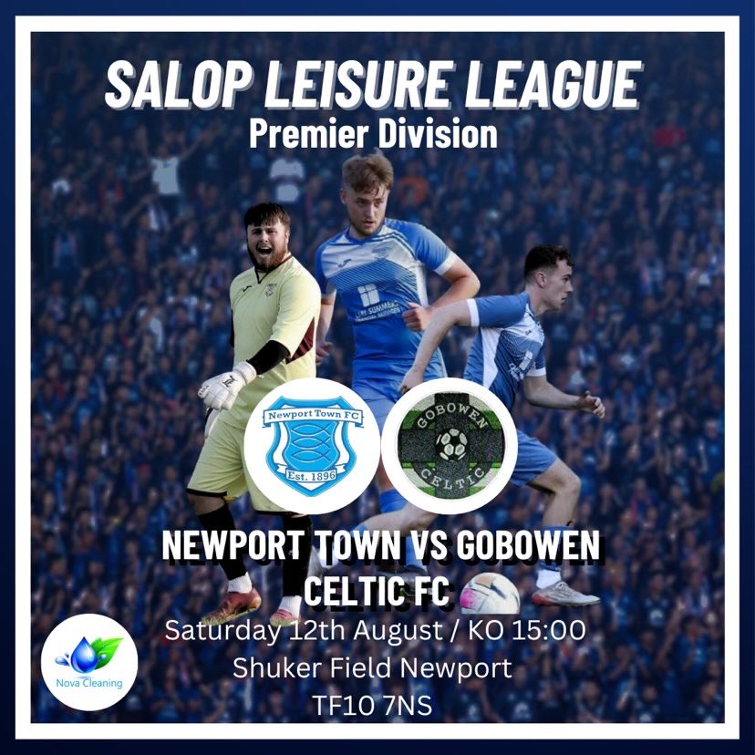NewportTownMens's tweet photo. Saturday we are at home once again as we face Gobowen Celtic in the Salop Leisure Premier League. 

Come down and support the lads as we look to kickstart our season!🐟💙

🎟️- Free entry
🍔- Refreshments available 
💧- Nova Cleaning, our Matchday Sponsor

#upthetown #threefishes https://t.co/WANTOu0xna