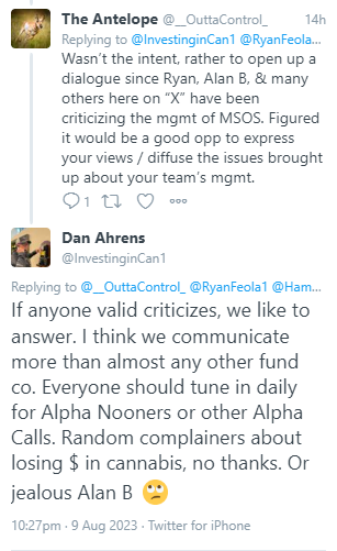 PresumablyPaul's tweet photo. Gotta love #AdvisorShares. A real class act 🤡

Their response in addressing criticism of their absolutely atrocious $MSOS mgmt is "they communicate more than any other fund company and everyone should  tune in daily to their #AlphaNooner"

👀 their #ETF track record (in retweet) https://t.co/y0tvkgtWmu