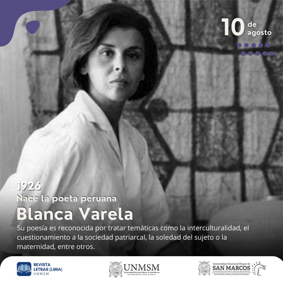 ▶️📚#Hoy se conmemora el nacimiento de la poeta peruana Blanca Varela. Una de las voces líricas más destacadas en Hispanoamérica.
🗣️Yo nunca me he sentido inferior a un hombre; jamás. Me he sentido una persona que tiene conciencia de que un ser humano jamás será inferior a nadie.