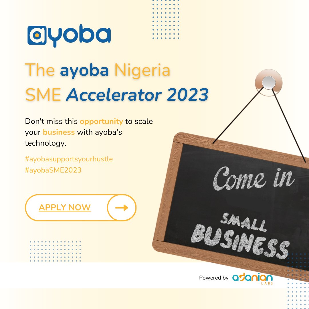 The ayoba Nigeria SME Accelerator Program 2023 is now open for applications!

Gain access to key resources, network with like-minded entrepreneurs, receive mentorship from industry experts, and explore investment opportunities. 

Don't miss this opportunity to scale your business