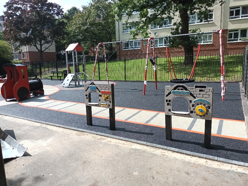 RTC_Safety's tweet photo. ๐ข Platform Announcement๐ All aboard! We've just completed a fantastic #wetpour installation for Active Landscapes Ltd at Holly Park, Islington. The playground has been upgraded with a vibrant, train-themed design ๐ featuring eye-catching graphics๐ค๏ธ#SafetyFirstAdventureAlways https://t.co/e0fFSpxFIf