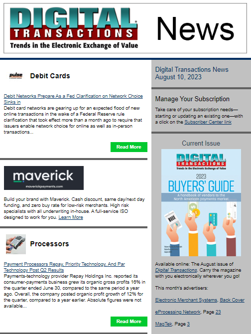 DTPaymentNews's tweet photo. Today’s Digital Transactions News: Pulse Move Preps for More Online Debit; Processor Earnings up; Visa Commercial Pay Deal Extended
https://t.co/1vyBM61qXY
#payments #onlinedebit #debitrouting #processors #acquriers #earnings #B2Bpayments https://t.co/niBrIgF71y