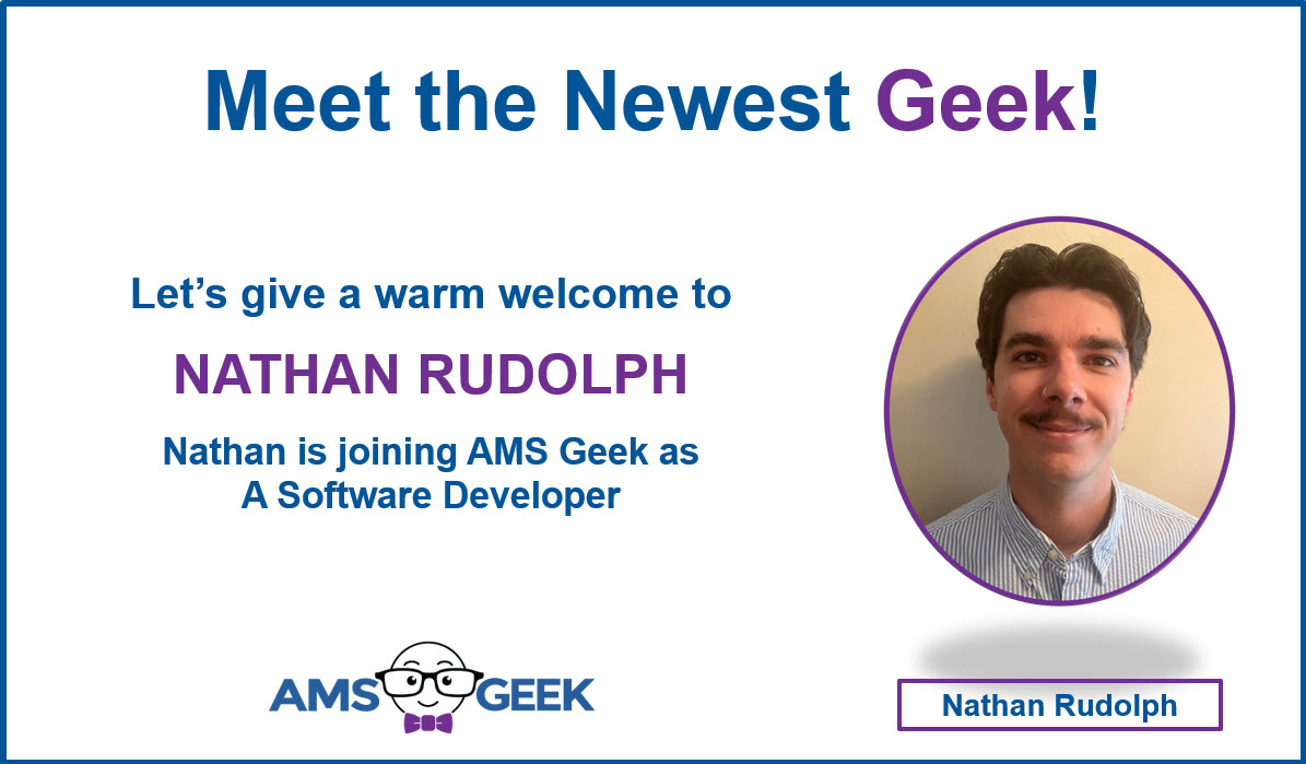 AMSgeek's tweet photo. Please join us in welcoming the newest member of the AMS Geek team, Nathan Rudolph! We're excited to have Nathan on our team as a Software Developer. #amsgeek #datasangria #amsjobs #newestgeek https://t.co/czC03Ht8nD