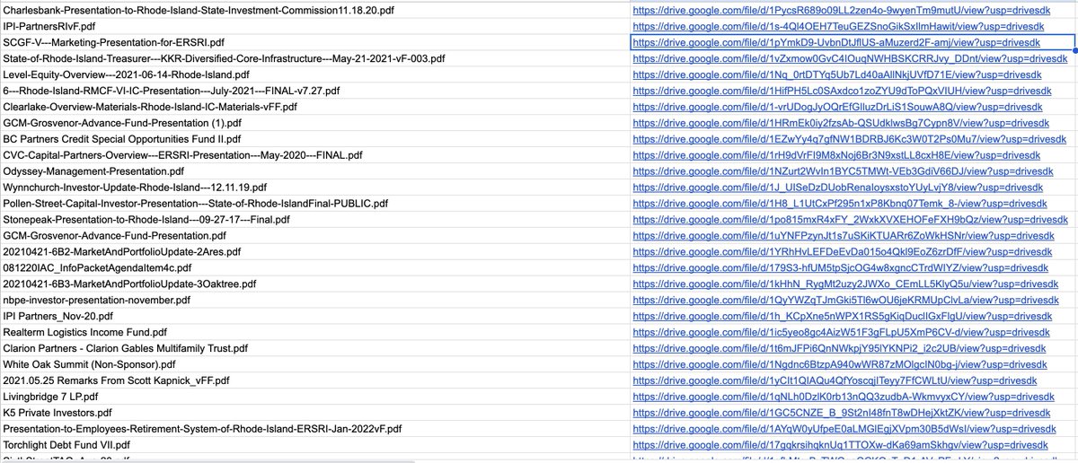 @CapMrktKGB Posts tweets with awesome PE and RE decks. 

I had one of my folks download all 191 of them, and put them a spreadsheet. 

If you want a copy retweet this, and send me a DM.