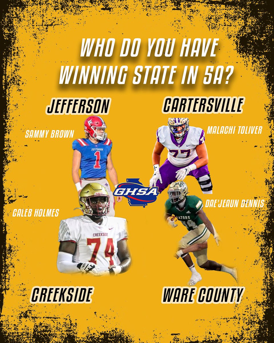 Will one of these 4 teams win state or will it be another team?
<a href="/JeffersonFootba/">Jefferson Football</a> <a href="/CHSHurricaneFB/">CartersvilleFootball</a> <a href="/creeksidefb/">Creekside Football</a> <a href="/WareCoGators/">Ware County Gator Nation</a>