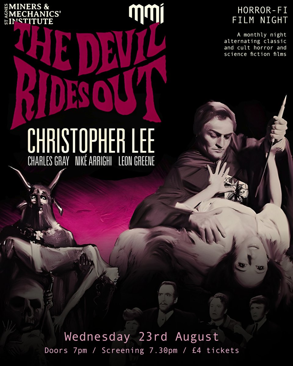 St Agnes MMI (@stagnesmmi) on Twitter photo Coming up on Wednesday 23rd August!
โฝ 'The Devil Rides Out' โฝ
Showing at the <a href="/StAgnesMMI/">St Agnes MMI</a> Cinema
Presented by โฝ Horror-Fi โฝ
- Our monthly night alternating Sci-Fi and Horror films!
Tickets are by ยฃ4 minimum donation. Bar & Doors open 7pm. Film screening begins at 7:30. ๐ Coming up on Wednesday 23rd August!
โฝ 'The Devil Rides Out' โฝ
Showing at the <a href="/StAgnesMMI/">St Agnes MMI</a> Cinema
Presented by โฝ Horror-Fi โฝ
- Our monthly night alternating Sci-Fi and Horror films!
Tickets are by ยฃ4 minimum donation. Bar & Doors open 7pm. Film screening begins at 7:30. ๐