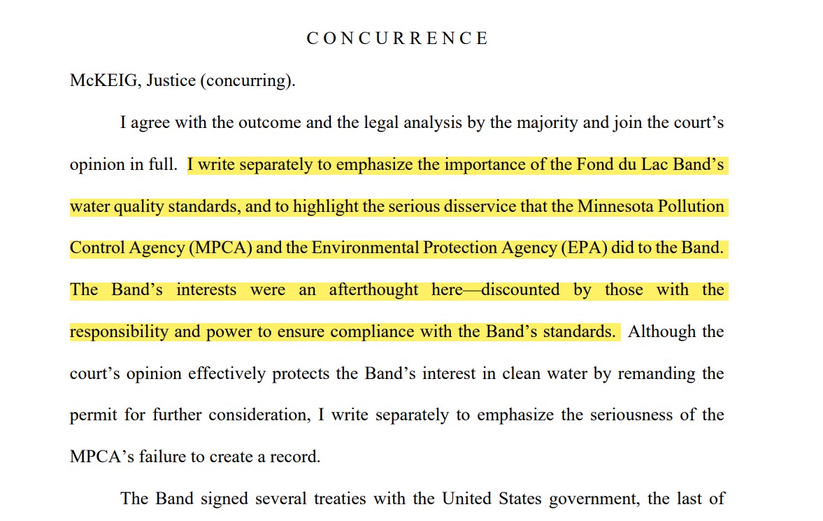 ICYMI. The MN Supreme Court concurrence on the "serious disservice" done by our state <a href="/MnPCA/">Minnesota Pollution Control Agency</a> to the Fond du Lac Band during the PolyMet review process. Unacceptable. <a href="/GovTimWalz/">Governor Tim Walz</a>