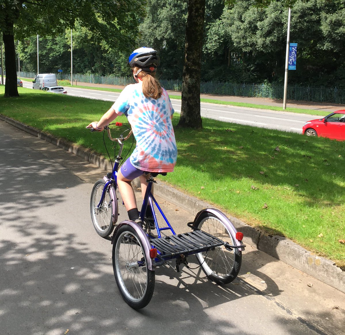 Happiness is… your very own (borrowed) tricycle, a lovely long traffic-free, barrier-free route and large quantities of ice cream.
#MyCycleMyMobilityAid #ActiveTravel #LearningDisability