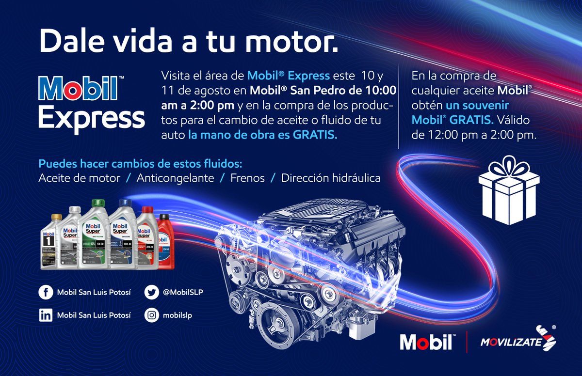 MobilExpressSLP's tweet photo. Este 10 y 11 de agosto visita el área de Mobil Express en Mobil San Pedro de 10 AM a 5 PM y en tu compra de producto para el cambio de aceite,  llévate un souvenir. Mano de obra GRATIS. 

📍Mobil San Pedro | Av. San Pedro #1692, Col. San Francisco, Soledad de G.S. https://t.co/koXDJqSko2
