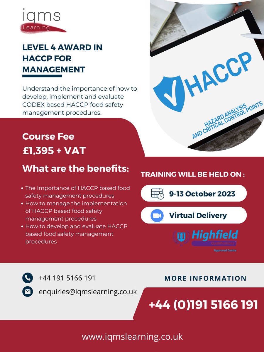 NEW DATE ADDED!!! Level 4 HACCP training 9-13 October 2023 to book your place please click here iqmslearning.co.uk/.../highfields…...
#haccp #haccptraining #level4haccp #iqmslearning #foodsafety #foodsafetytraining #highfield #codex