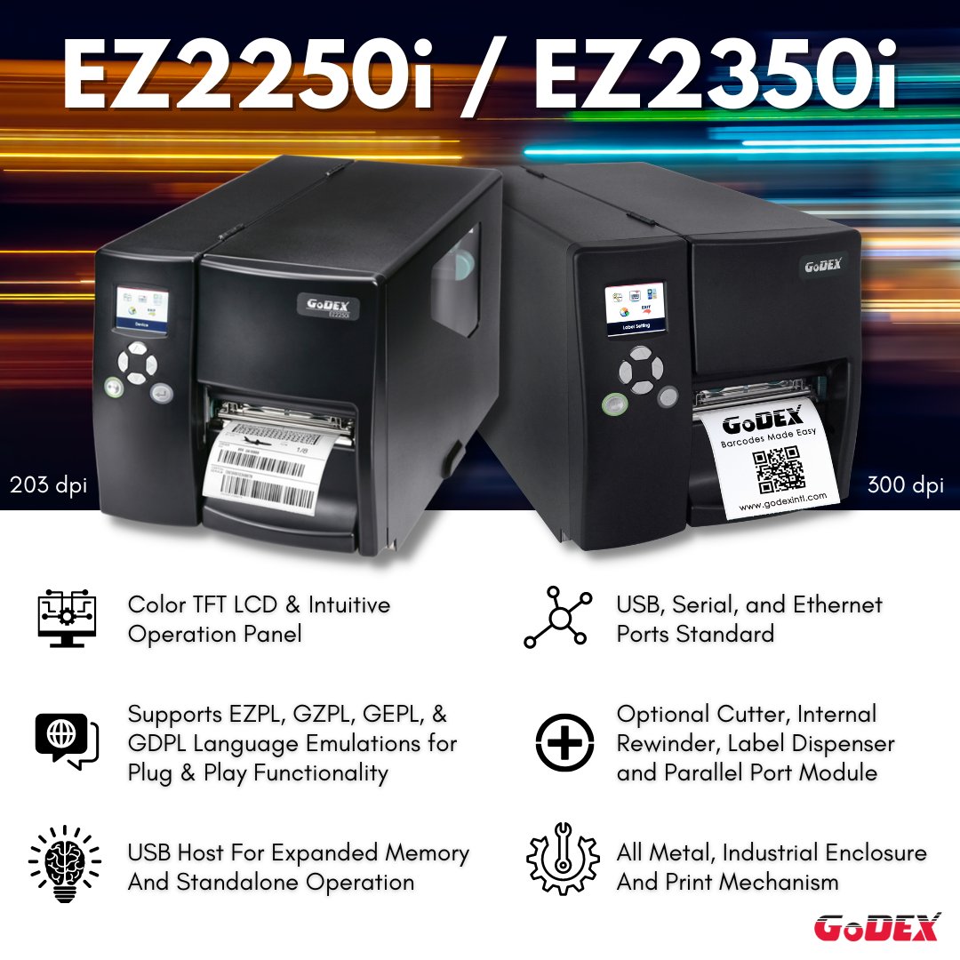 GoDEXAmericas's tweet photo. The #EZ2250i / #EZ2350i

Our Enhanced Mid-Range #Industrial #BarcodePrinters for Most Applications

An all metal mechanism design, featuring a die-cast center plane and base, make the EZ2250i &amp; EZ2350i perfect for high volume applications.

#GoDEX #ThermalPrinter #LabelPrinter https://t.co/RJN1C7chlu