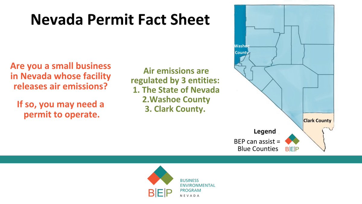 If you don’t know anything about air quality and air quality permitting or have a new issue come up, contact us! 

We can assist every county in Nevada, excluding Clark County.
#Nevada #NvBep #AirQuality