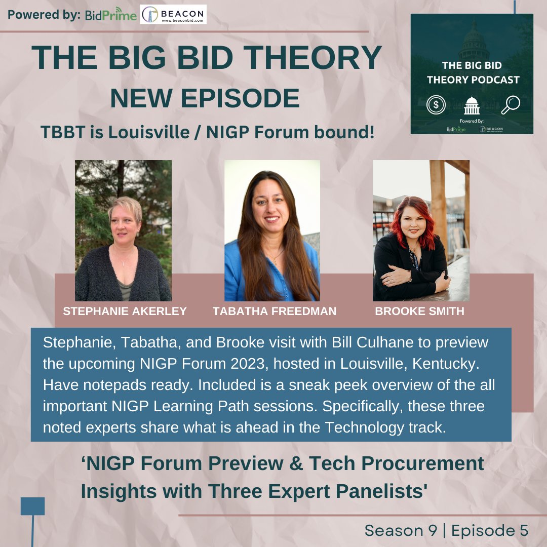 TheBigBidTheory's tweet photo. Get the inside scoop on #NIGPForum 2023 Technology sessions from expert panelists. Hear previews, #procurement insights &amp; more. Also, don't miss special events &amp; swag at Booth 817!

Watch: https://t.co/Z36H0qzk1s
Listen: https://t.co/Ih8aGy9O1j https://t.co/Qvn62XVpnU