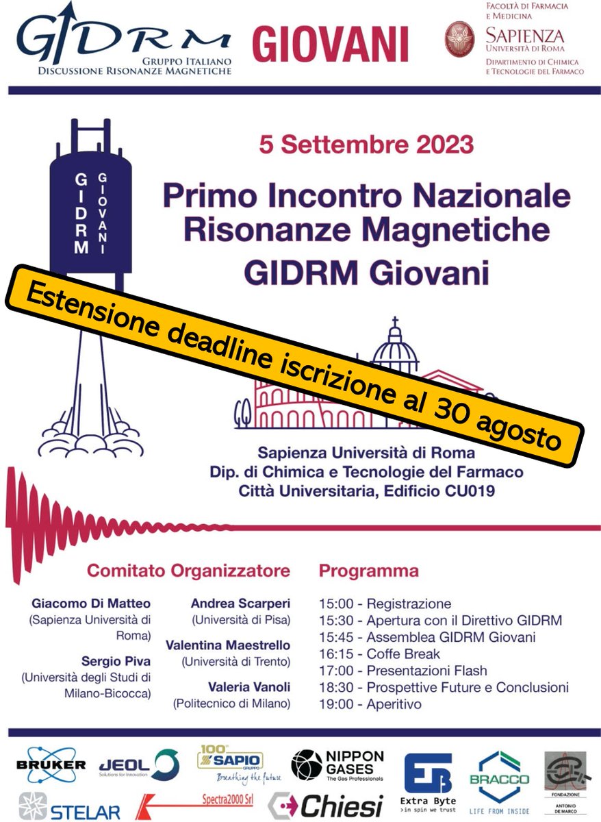 GIDRM_'s tweet photo. 🔔La deadline per l'iscrizione all'evento del #GIDRM Giovani "PRIMO INCONTRO NAZIONALE RISONANZE MAGNETICHE – GIDRM GIOVANI" è stata estesa al 30 agosto.

📢Ricordiamo la possibilità di realizzare Flash presentation inviando un abstract del contributo durante la registrazione. https://t.co/wpKEi14sma