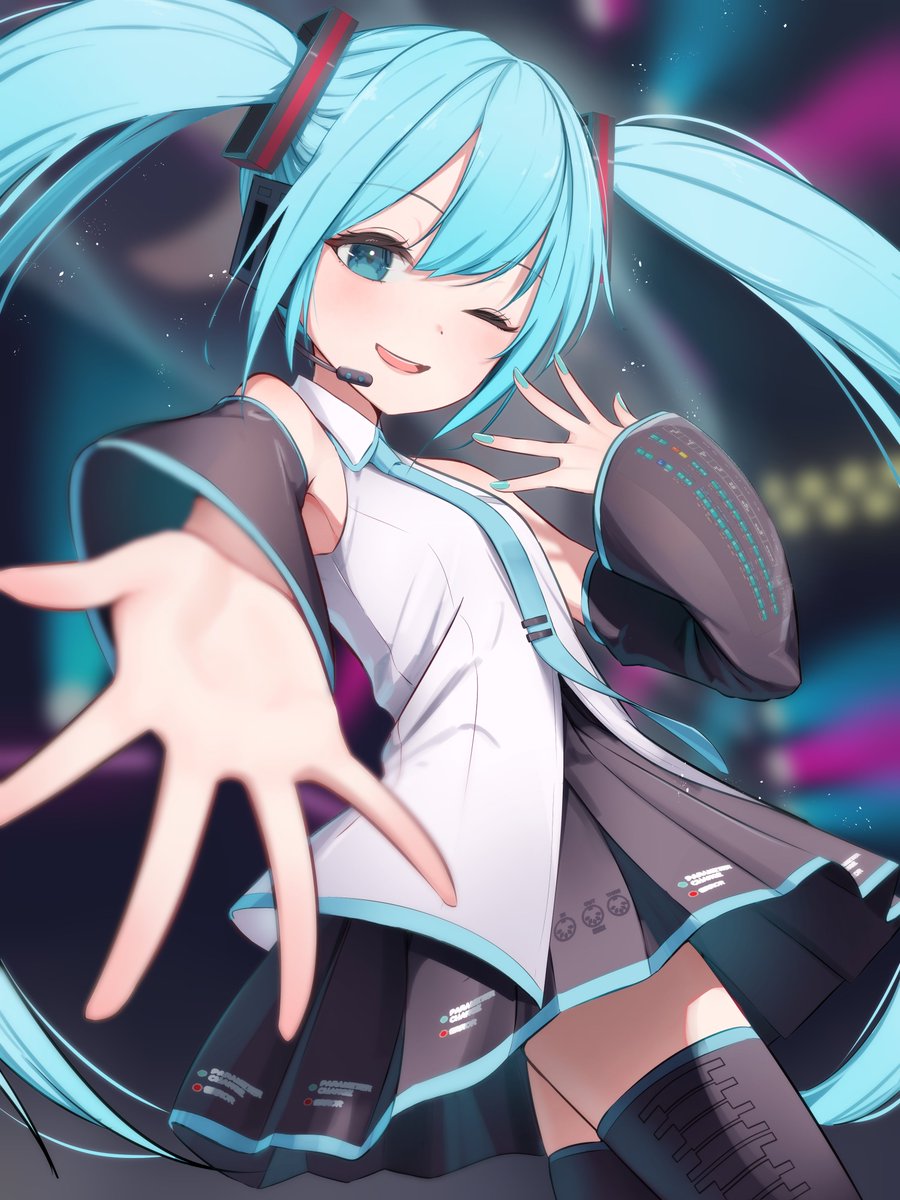 hatsune miku 1girl solo skirt twintails one eye closed thighhighs long hair  illustration images