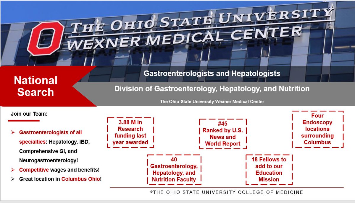 Now #Hiring in Columbus: The Division of Gastroenterology, Hepatology, & Nutrition @OSUwexmed is looking for talented Gastroenterologists & Hepatologists! Join our fantastic #OSUGHNDIVISION. Apply to our link Careers (myworkdayjobs.com) or message me directly #GITwitter