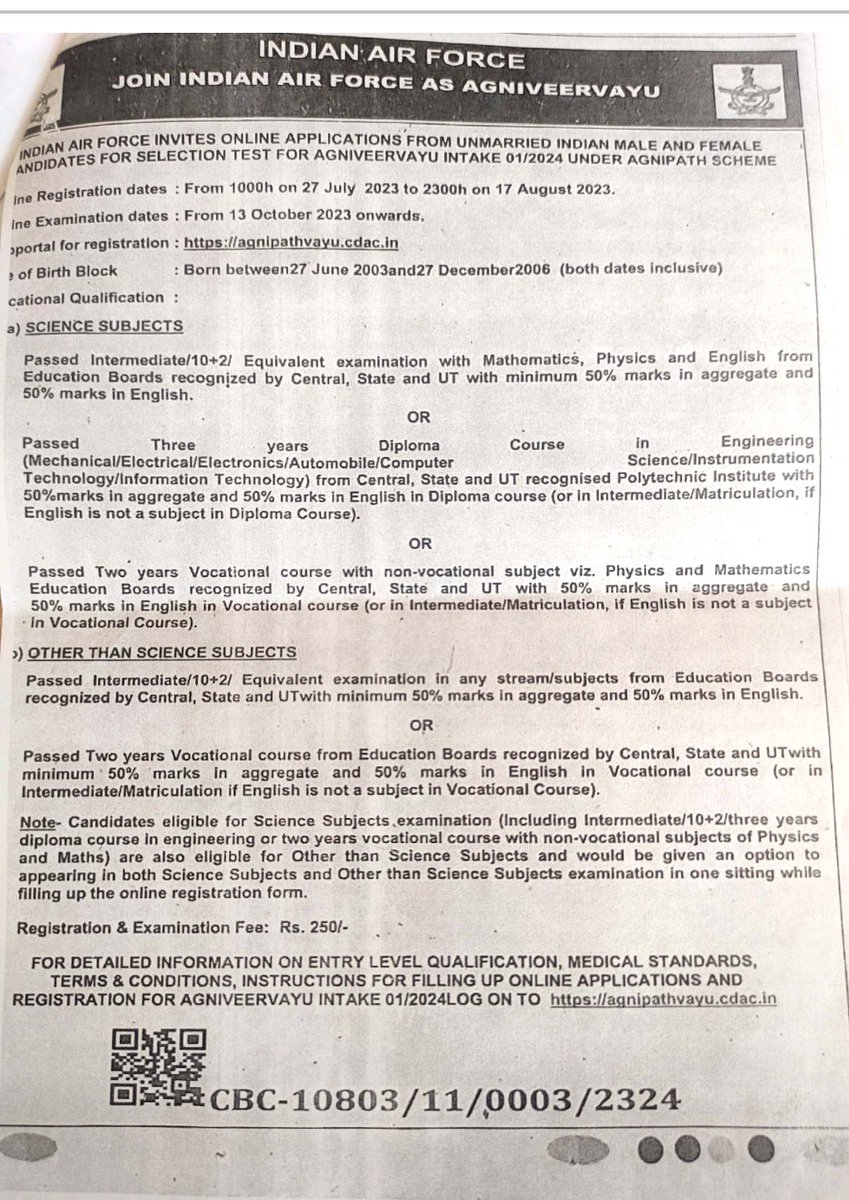 The Indian Air Force has announced online applications for the selection test for Agniveervayu intake 01/2024 under the Agnipath Scheme. Unmarried Indian male and female candidates are eligible to apply for this opportunity.