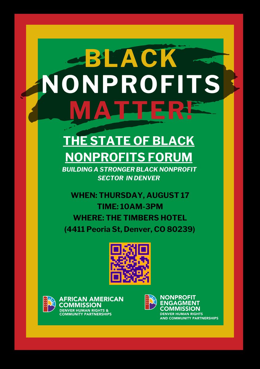 HRCPDenver's tweet photo. 🔊BLACK NONPROFITS MATTER: Join us for a FREE forum by @HRCPDenver's African American Commission &amp; Nonprofit Engagement Commission &amp; learn about the state of #Denver black #nonprofits, funding opportunities, overcoming historical challenges, &amp; more!
🍴Lunch will be provided! https://t.co/mMOsYgNHoH