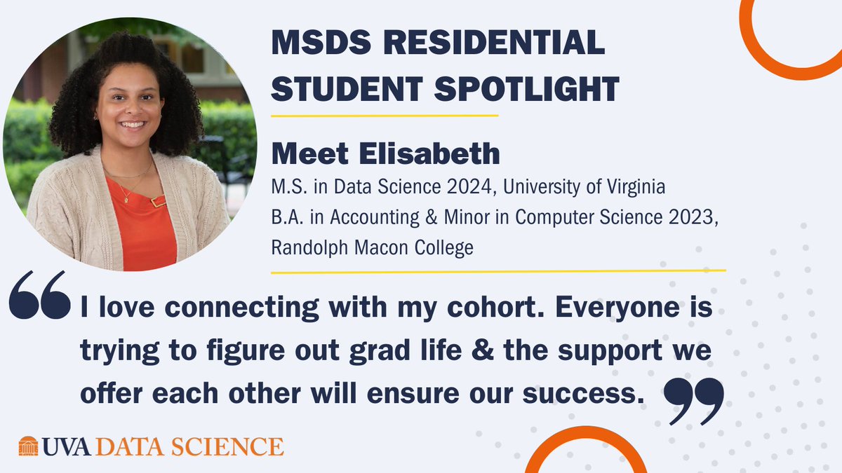 uvadatascience's tweet image. Meet Elisabeth Waldron, one of our MSDS Residential students. Discover her data science journey, get valuable advice for prospective students, and find out about her favorite part of the program. #uvadatascience #MSDS #studentspotlight #gradschool bit.ly/45c0h83