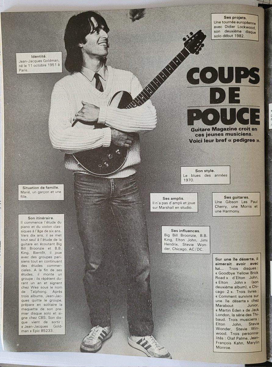 Bobem20's tweet image. En novembre 1981, alors qu'il venait tout juste de sortir son 1er album solo, un jeune guitariste-chanteur bénéficiait d'un "Coup de pouce" (sans doute déterminant!) de Guitare Magazine qui "croit en ces jeunes musiciens".
(@SchnockRevue approved?)
