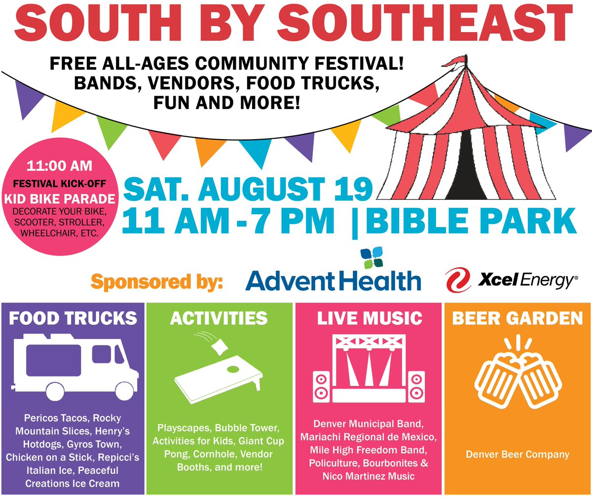 We are excited to be hosting our South by Southeast Community Festival #SxSE2023 Sat. Aug. 19, 11 AM – 7 PM in Bible Park. There will be food trucks, a beer garden, live music, vendors, kid's games, and much more! We hope to see you there! More details at bit.ly/SXSEFESTIVAL