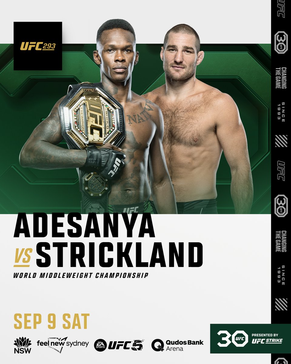 ufc's tweet photo. The middleweight strap's on the line in Sydney! 🏆🇦🇺

@Stylebender will face @SStricklandMMA in September's #UFC293 main event! https://t.co/hgb3qSXPjU