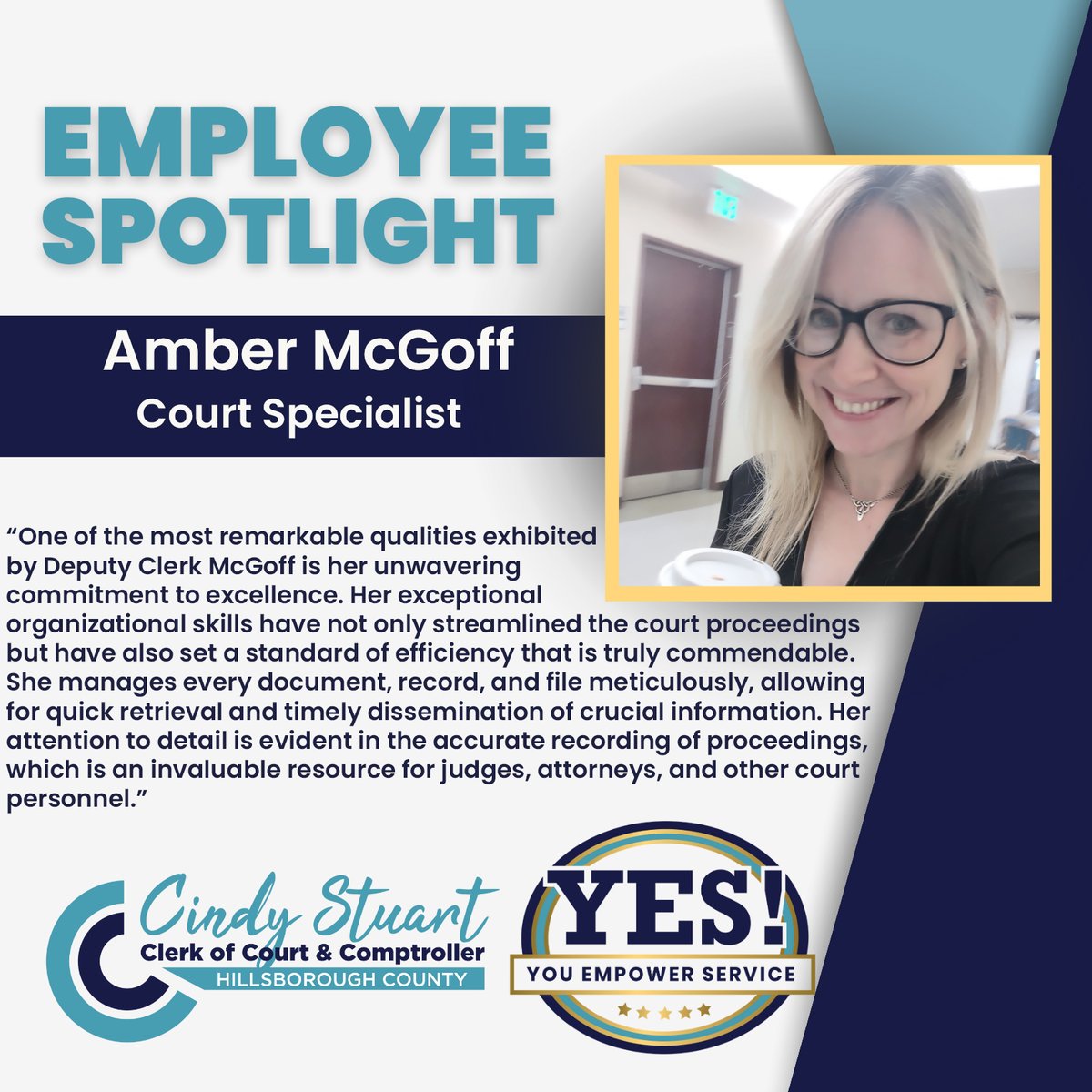 hillsclerk's tweet photo. Amber McGoff is a Court Specialist who works closely with judges in the courtroom. Judge Baggé-Hernández recently wrote a glowing review about Amber's work and efficiency.

Well done, Amber!
#HillsClerk https://t.co/V3OlEiezQV