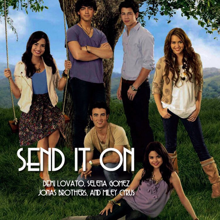 PopBase's tweet photo. 14 years ago today, Miley Cyrus, Jonas Brothers, Selena Gomez &amp; Demi Lovato released their charity single ‘Send It On.’ https://t.co/kg2TH7sw3K