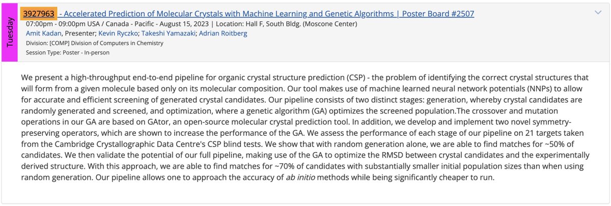 GoodChemistryCo's tweet photo. Accelerated Prediction of Molecular Crystals with Machine Learning and Genetic Algorithms | Poster Board #2507
7:00pm - 9:00pm August 15, 2023 | Moscone Center (South Bldg.) Hall F

(5/6) https://t.co/TvDpLq3HqN
