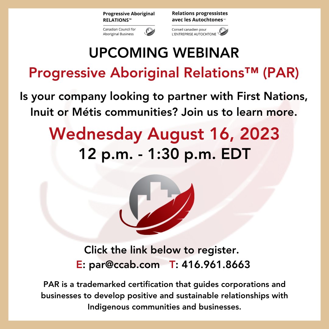 ccib_national's tweet photo. Join us for an orientation of CCAB's Progressive Aboriginal Relations program on August 16, 2023 from 12 p.m. to 1:30 p.m. EST.
Learn More https://t.co/DydSTBejiL
Webinar Signup https://t.co/BK7mvyrimh
#ProgressiveIndigenousRelations #Prosperity #GoodBusiness #CorporateCanada https://t.co/JeWnven4zo