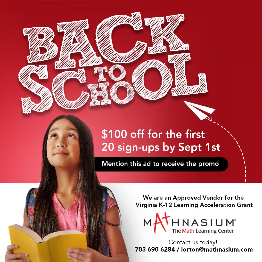 Mathlorton's tweet image. Back-to-school = back-to-math sign-up with Mathnasium of Lorton today and get $100 off! #mathisfun #mathnasium #backtoschoolmath mathnasium.com/lorton/promoti…
