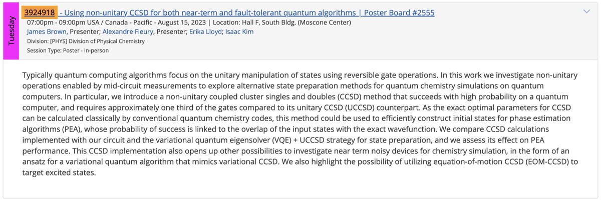 GoodChemistryCo's tweet photo. Using non-unitary CCSD for both near-term and fault-tolerant quantum algorithms | Poster Board #2555
7:00pm - 9:00pm August 15, 2023 | Moscone Center (South Bldg.) Hall F

(6/6) https://t.co/W421ITdkzX