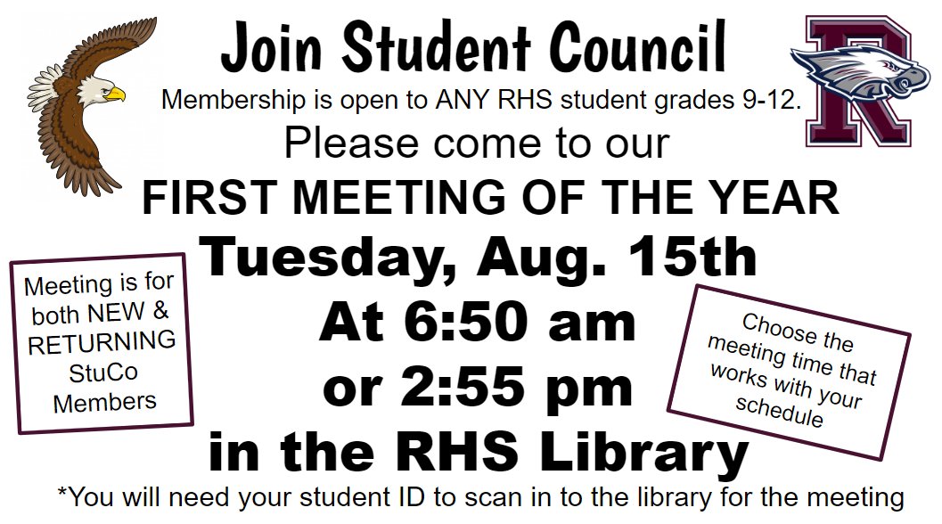 Hey <a href="/RHS_Eagles/">Rowlett High School</a> - It's a new year and Student Council is ready to go with spirit &amp; service projects and lots of FUN!! If you are interested, please join us for our 1st meeting on Tuesday, Aug. 15.  EVERYONE is WELCOME!!