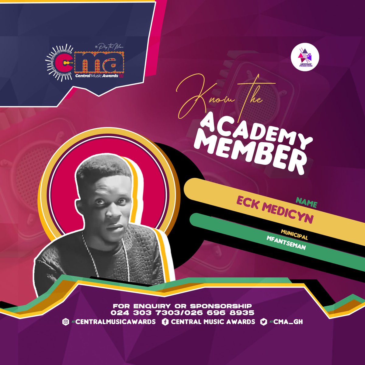 CMA_Gh's tweet photo. Introducing @eck1promo our new academy member representing the MFANTSEMAN Municipal for Central Music Awards 2023 

NB: Entries for nomination open on Monday, 28th August 2023. 

The @CMA_Gh is powered by @heritagepromogh 

#CMA23 #PlayTheMusic https://t.co/ftxywaZge0