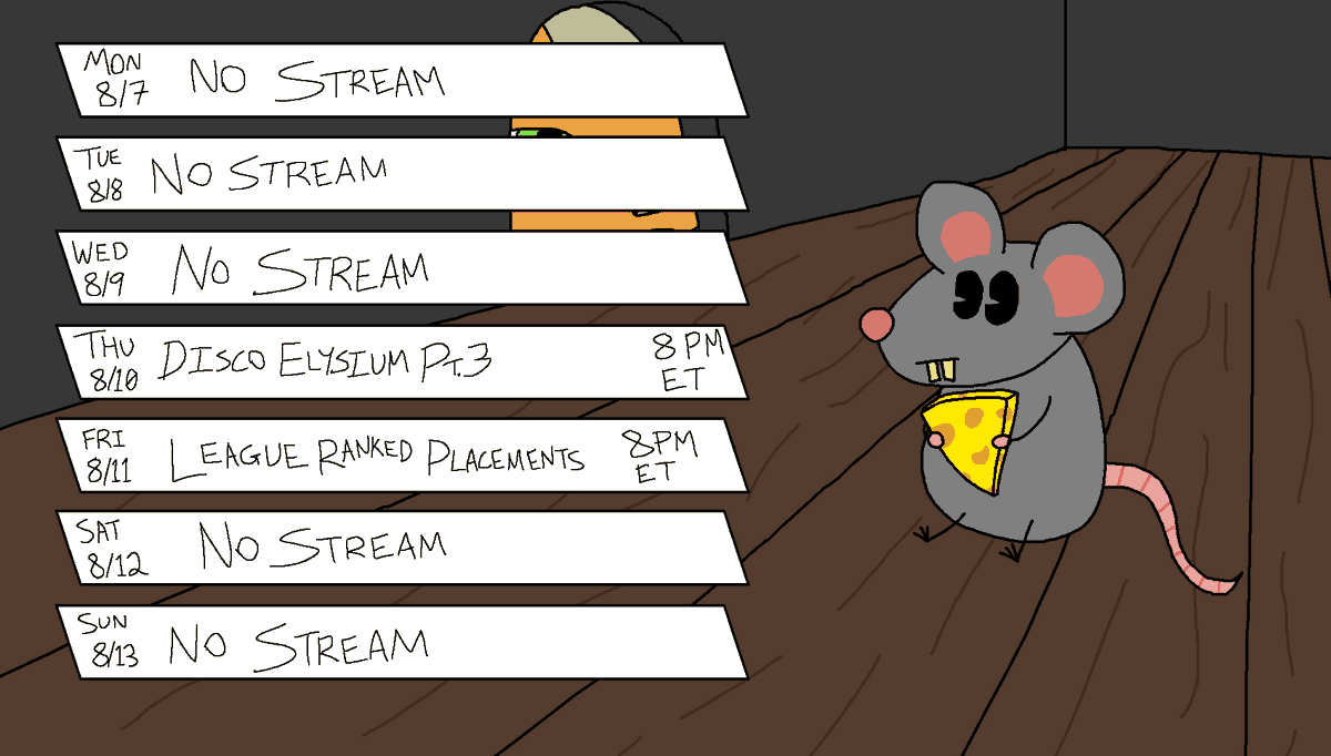 pepper_jacked's tweet photo. Schedule for this week!
Will be taking a week long break starting this weekend, so no streams from 8/12 - 8/20.
Hope rat gang stays strong while I'm gone 😤😤😤
💪🐀👑💪 https://t.co/2yXwX0xF3h