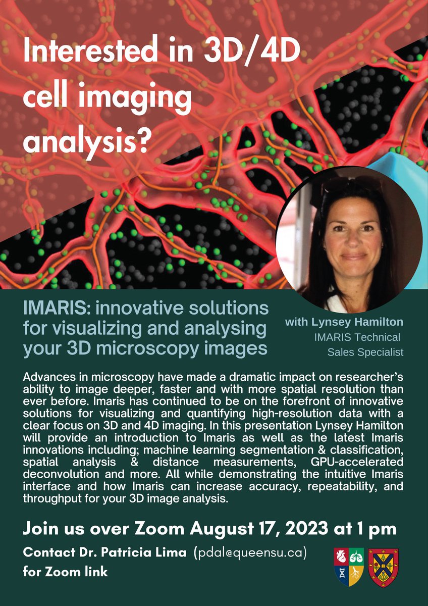 Interested in 3D/4D cell imaging?  QCPU will be hosting a special seminar with <a href="/ImarisSoftware/">Imaris 3D/4D Imaging</a> on August 17th at 1pm by Lynsey Hamilton. To join the talk please contact <a href="/Limapda/">Patricia Lima 🔬🚒🇨🇦🇧🇷</a> via her email on the flyer!  <a href="/QueensuDOM/">Queen's U Department of Medicine</a> <a href="/DbmsTweets/">QUbiomed</a> <a href="/queensuResearch/">Research@Queen's University</a>