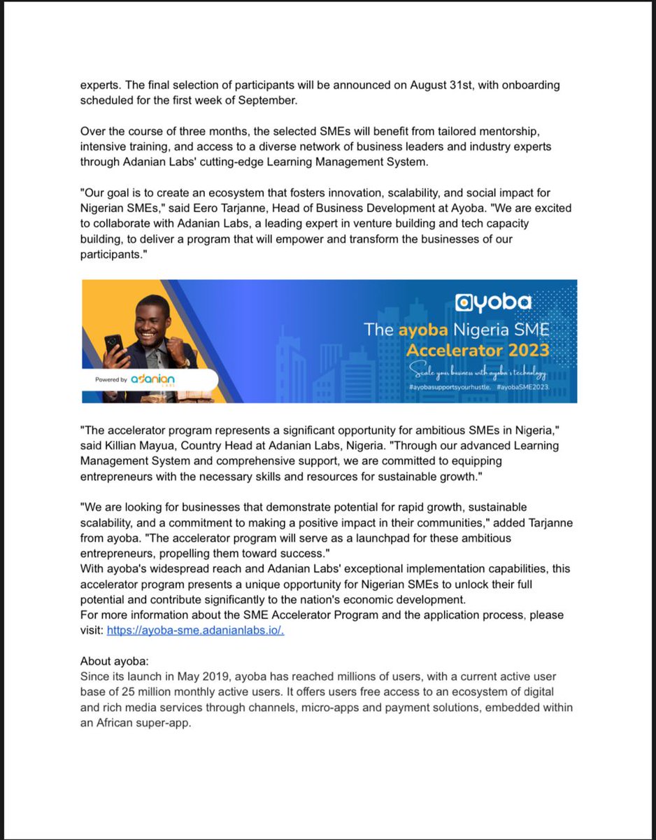 AdanianlabsNG's tweet photo. The ayoba Nigeria SME Accelerator Program 2023 is now open for applications!

🔗https://t.co/m7tPZHj0MC
#ayobaSME2023
#ayobasupportsyourhustle https://t.co/r5LJ5HP24z