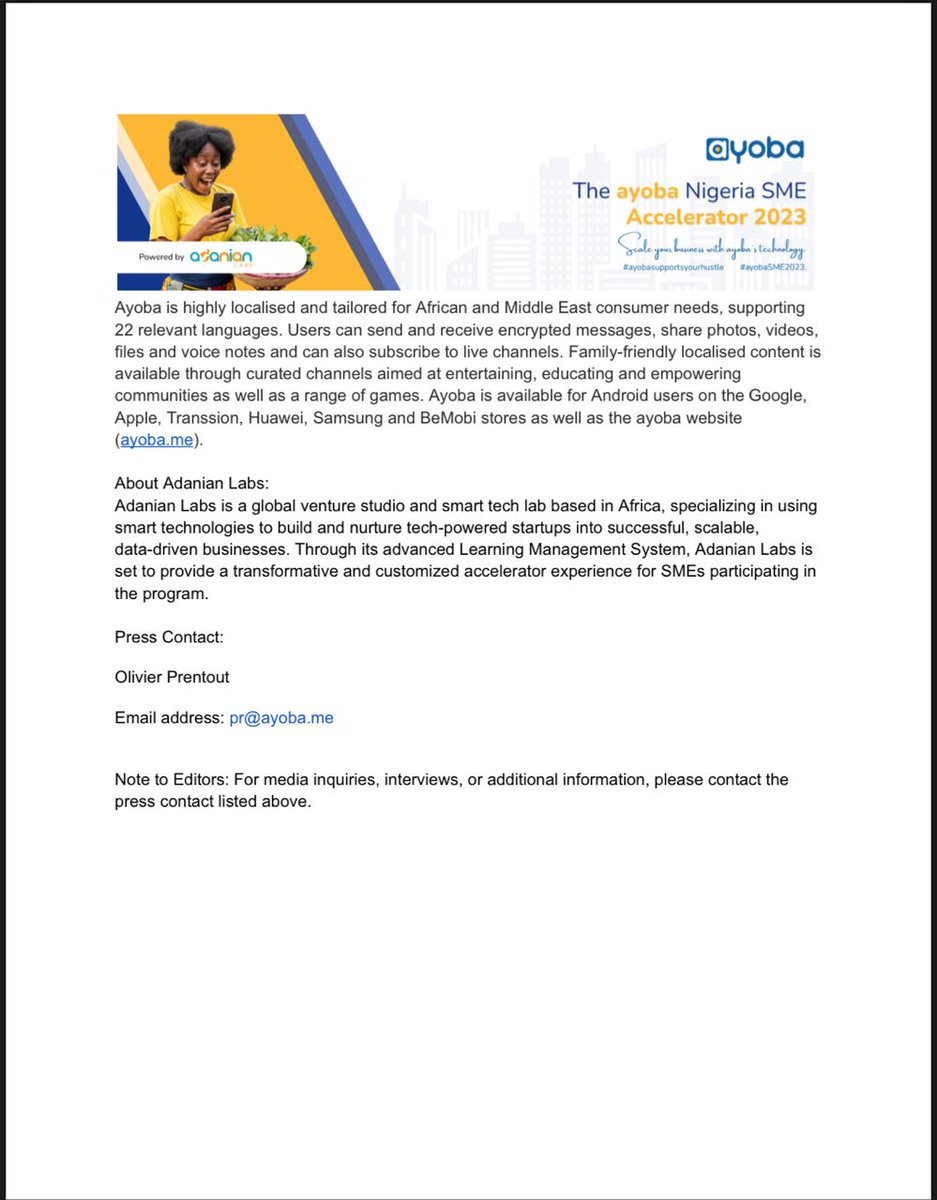 The ayoba Nigeria SME Accelerator Program 2023 is now open for applications!

🔗ayoba-sme.adanianlabs.io
#ayobaSME2023
#ayobasupportsyourhustle